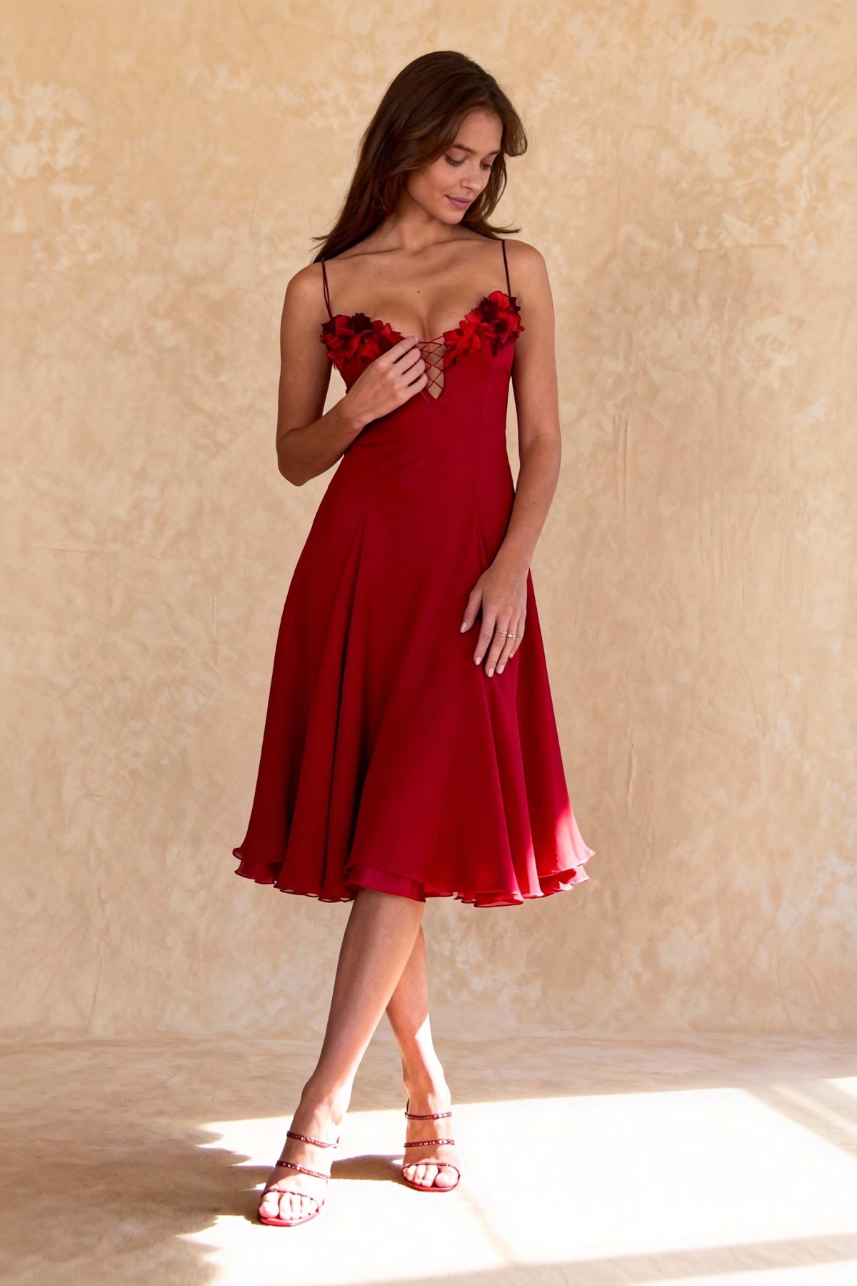 Chiffon Spaghetti Strap Deep V-Neck Rosette Fit and Flare Midi Dress - View 5