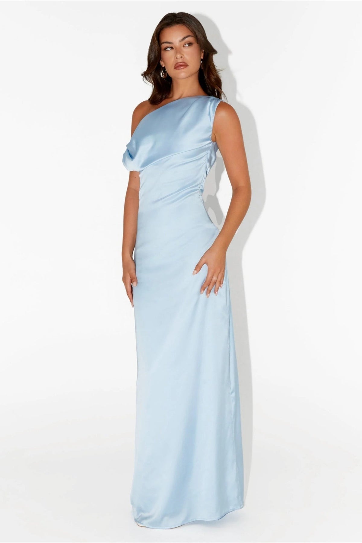 Satin Asymmetric One Shoulder Ruched Maxi Gown - View 2
