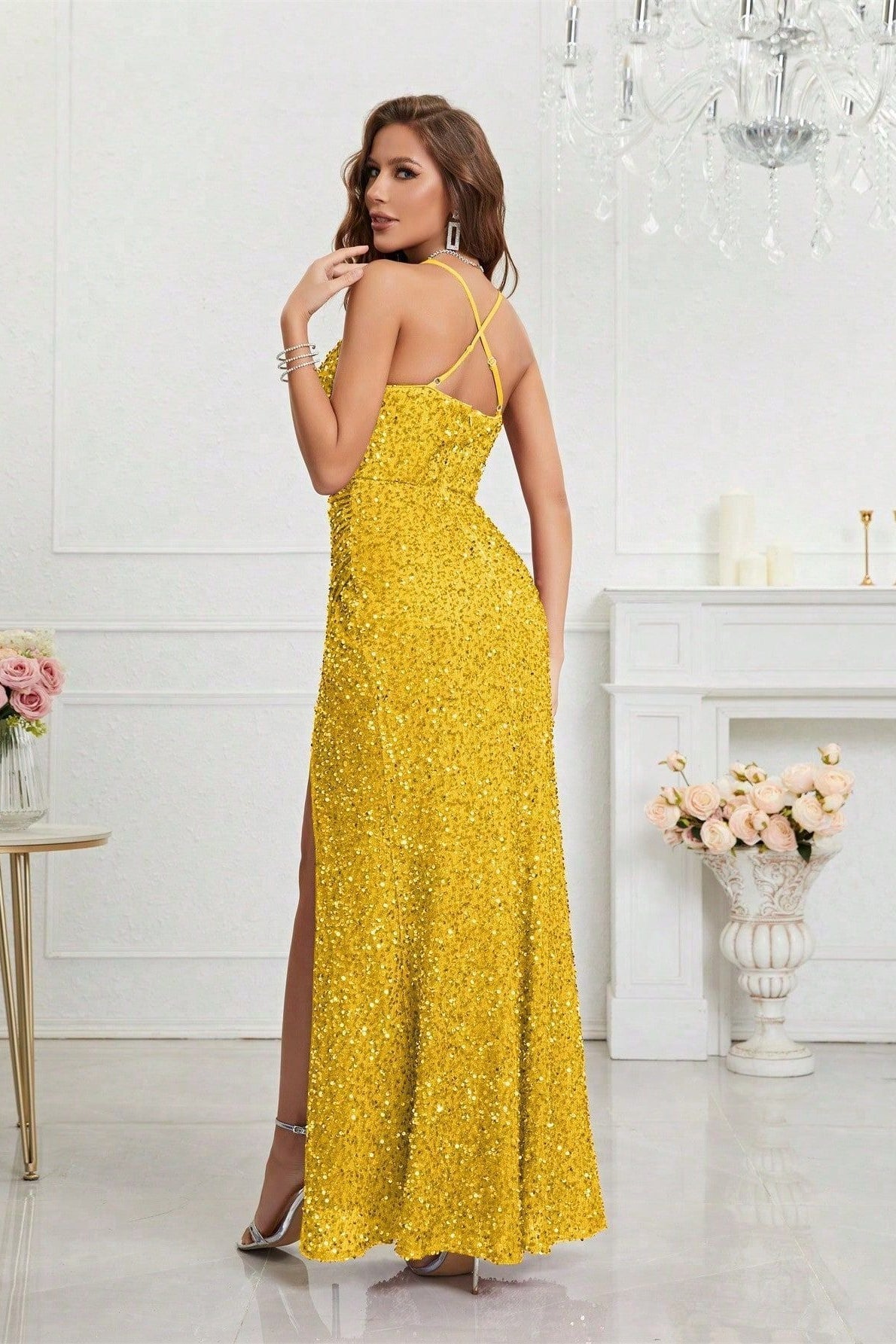 Spaghetti Strap Sweetheart Sequin Ruched High Split Mermaid Gown 5