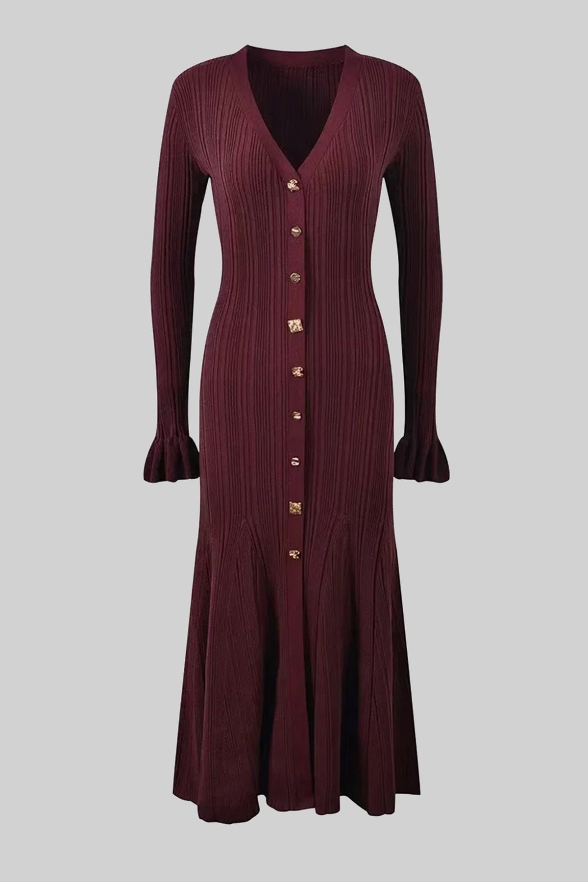 V-Neck Button-Front Ribbed Knit Maxi Dress - Burgundy - View 2