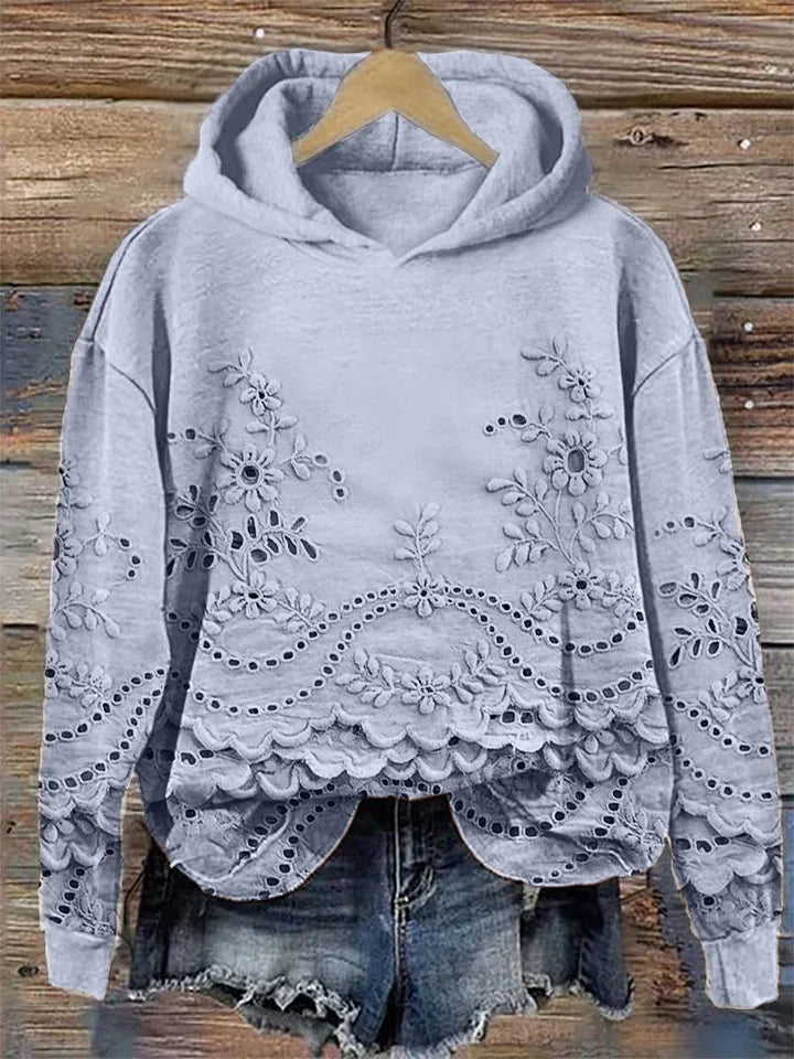 Floral Eyelet Embroidered Scalloped Hem Hoodie Sweatshirt 2
