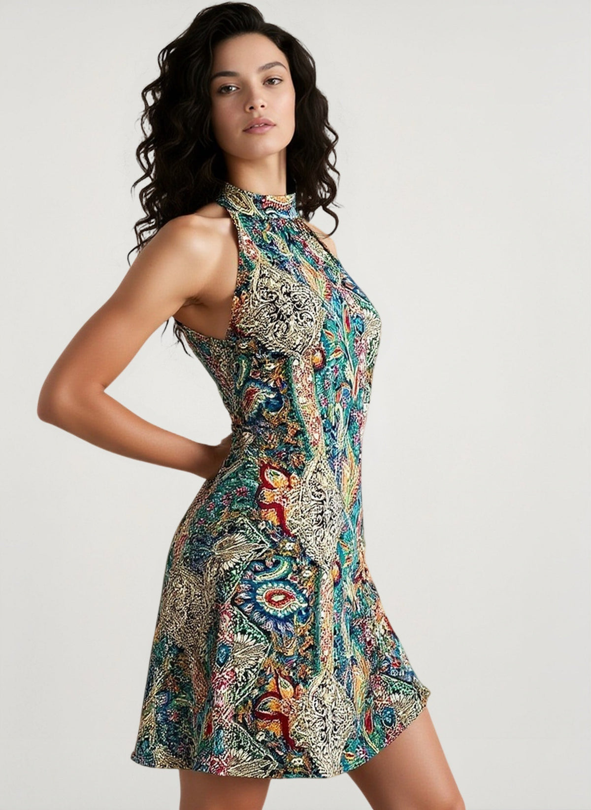 Halter Neck Sleeveless Paisley Print A-Line Mini Dress 3