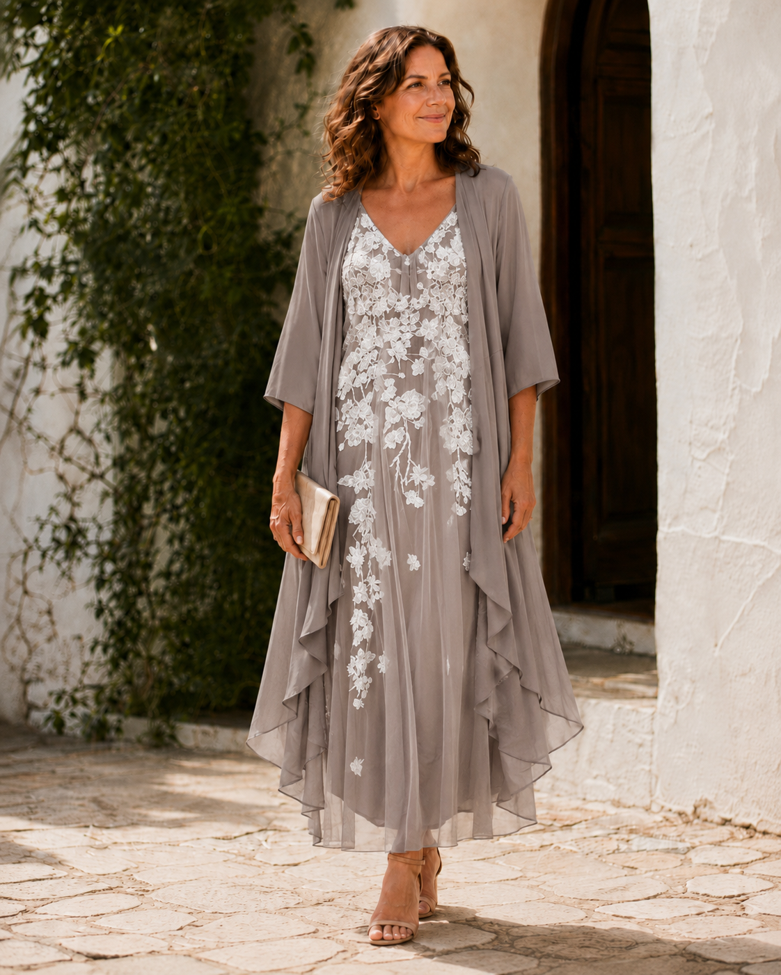 Floral Embroidered V-Neck Maxi Dress and Duster Two Piece Set 4