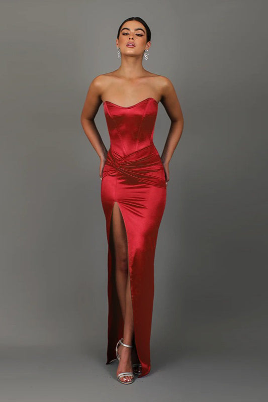 Satin Strapless Corset Twist Front High Split Maxi Gown - View 2
