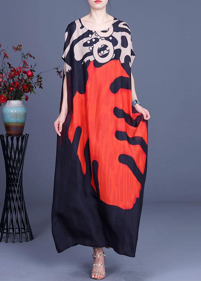 Abstract Print Oversized Round Neck Cap Sleeve Kaftan Maxi Dress