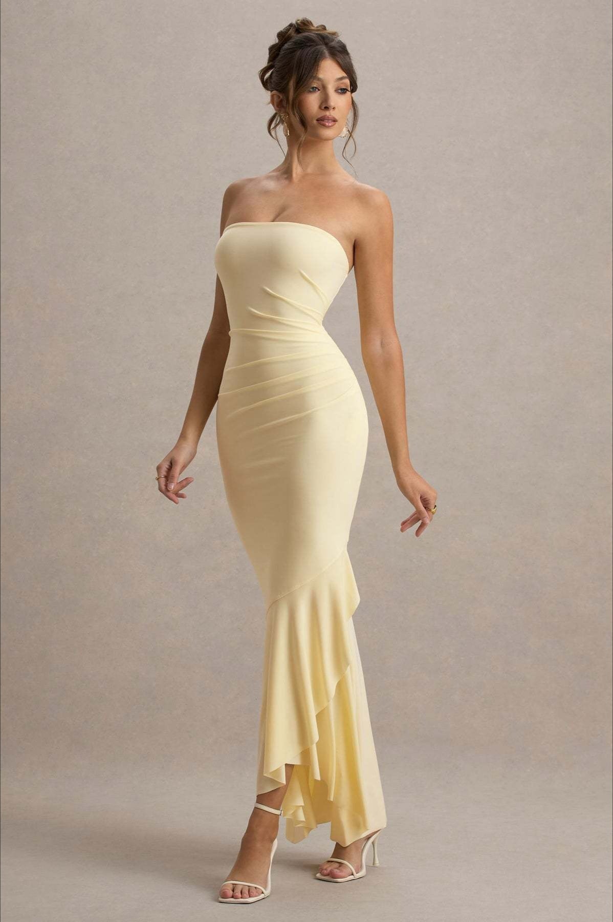 Strapless Ruched Asymmetric Ruffle Hem Bodycon Maxi Gown - View 9