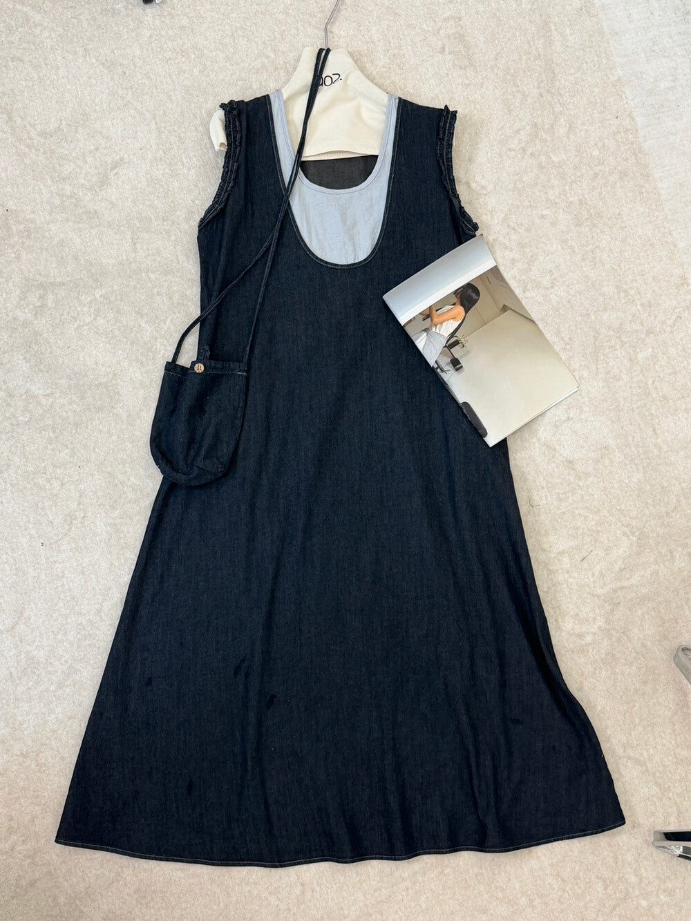 Faux Two Piece Denim Sleeveless Ruffle Trim A-Line Midi Dress 2