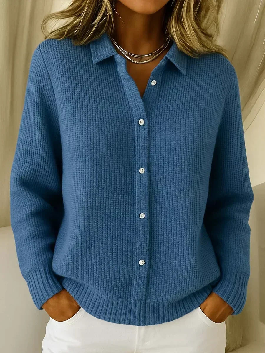 Waffle Knit Collared Long Sleeve Button Up Knit Shirt 3