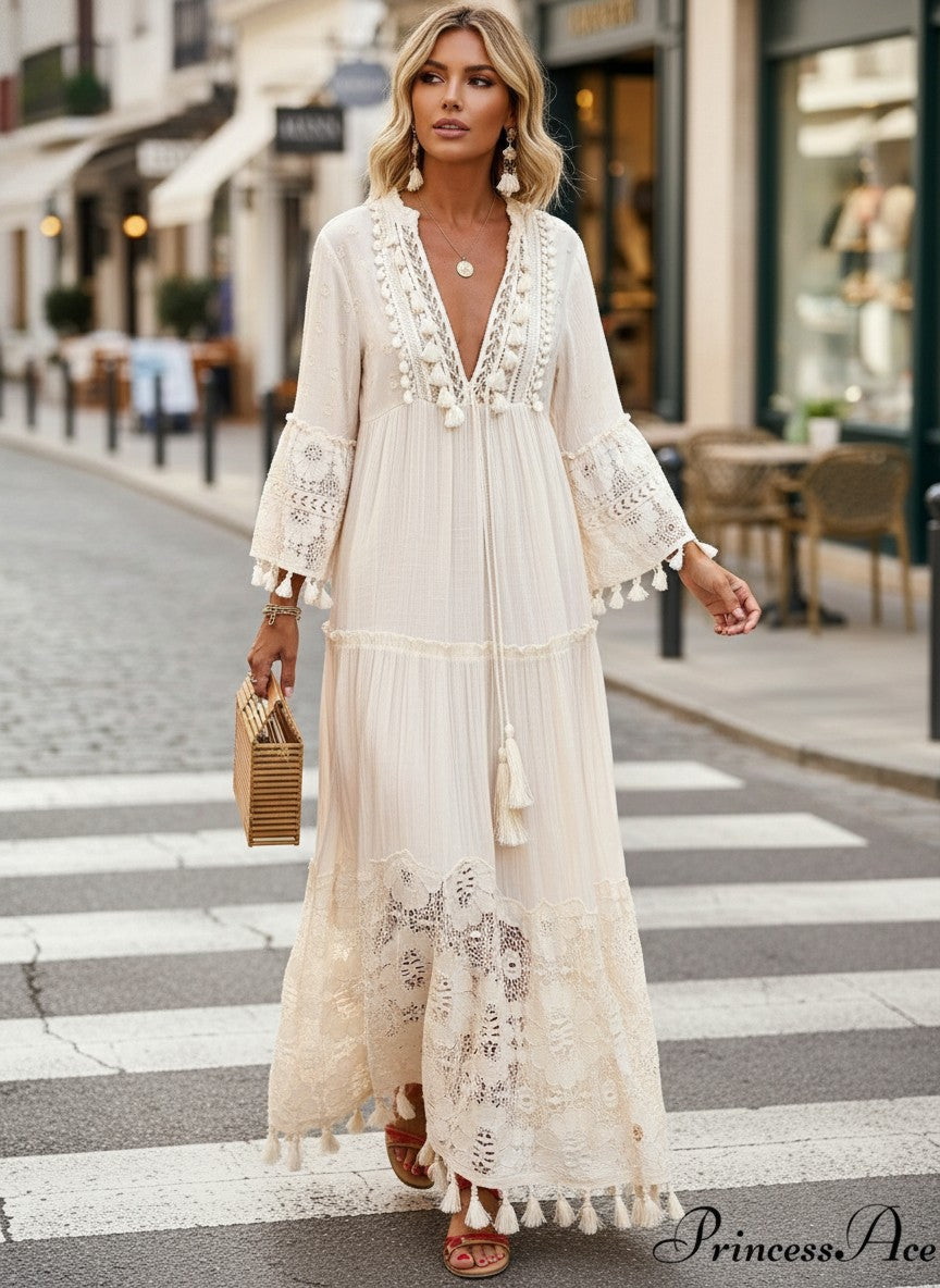 Deep V-Neck Tassel Trim Lace Insert Bell Sleeve Tiered Dress - View 15