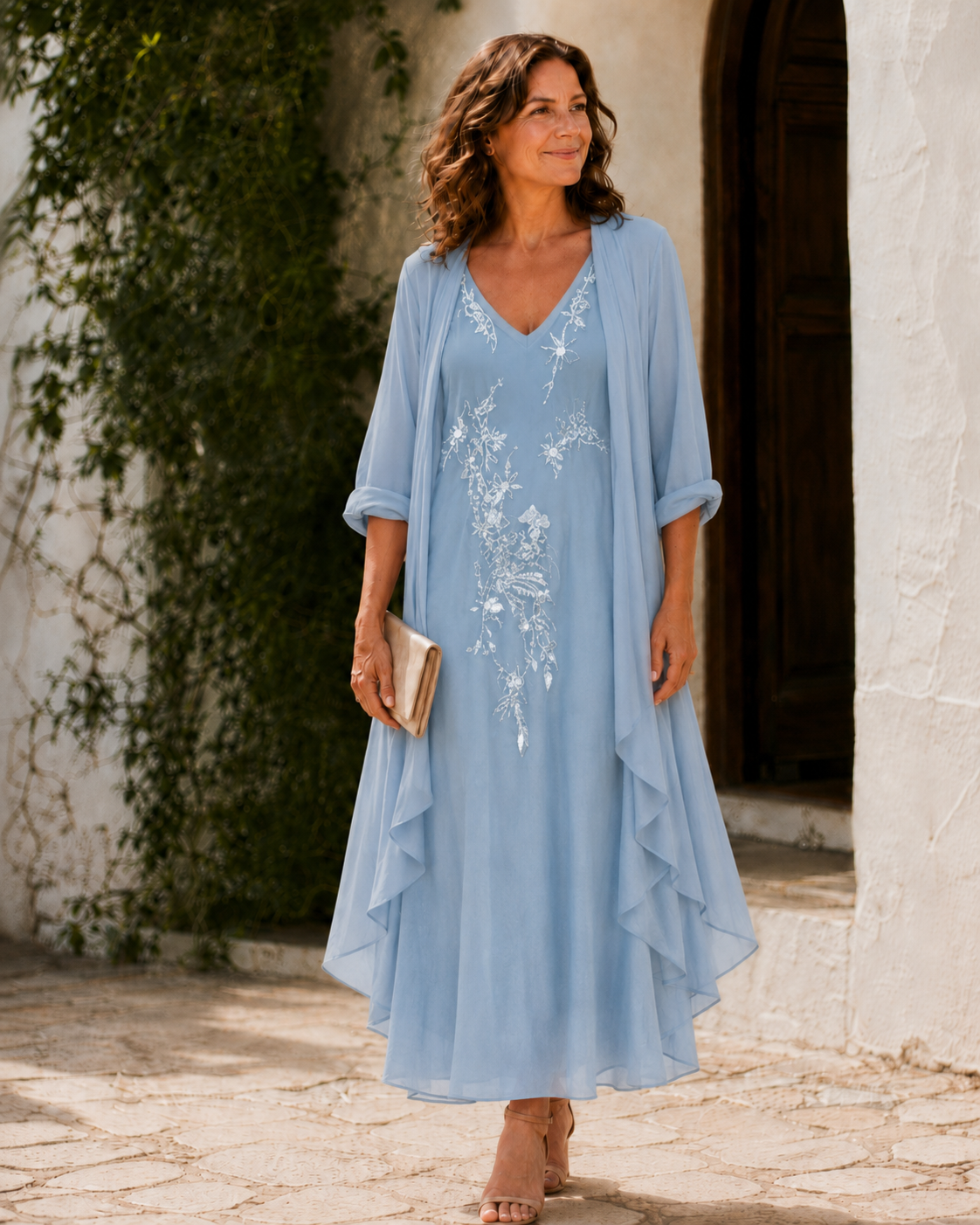 Floral Embroidered V-Neck Maxi Dress and Duster Two Piece Set 5