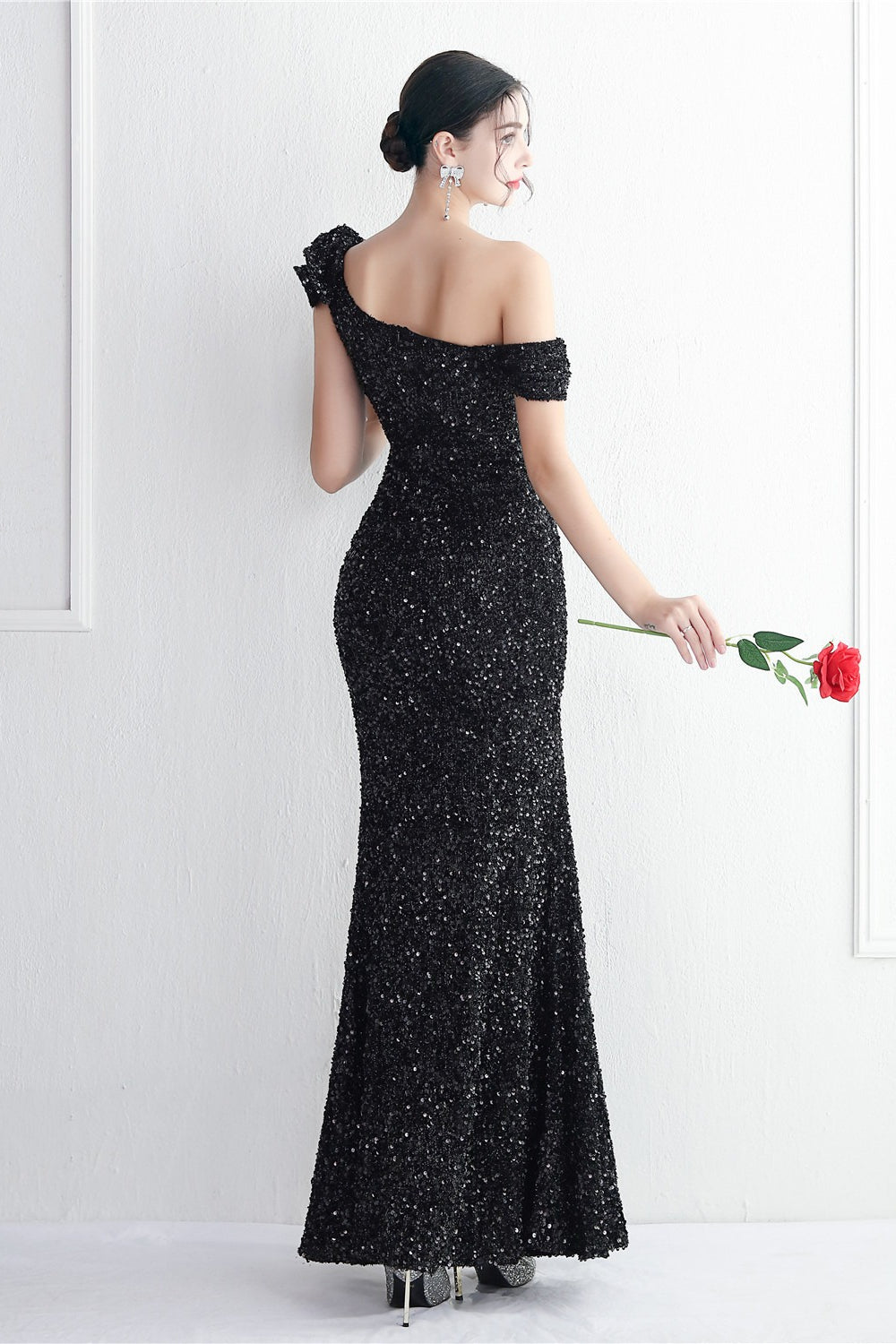 Sequin One Shoulder Ruffle High Split Mermaid Gown - View 5