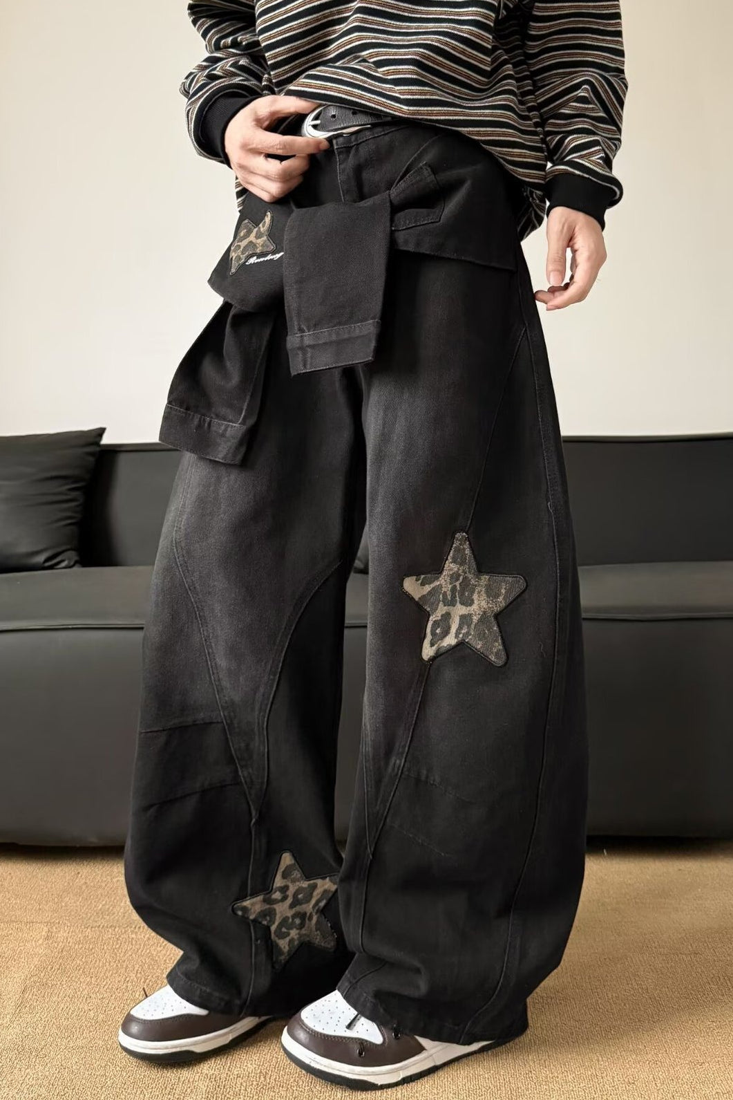 Vintage Washed Patchwork Wide-Leg Denim Jeans