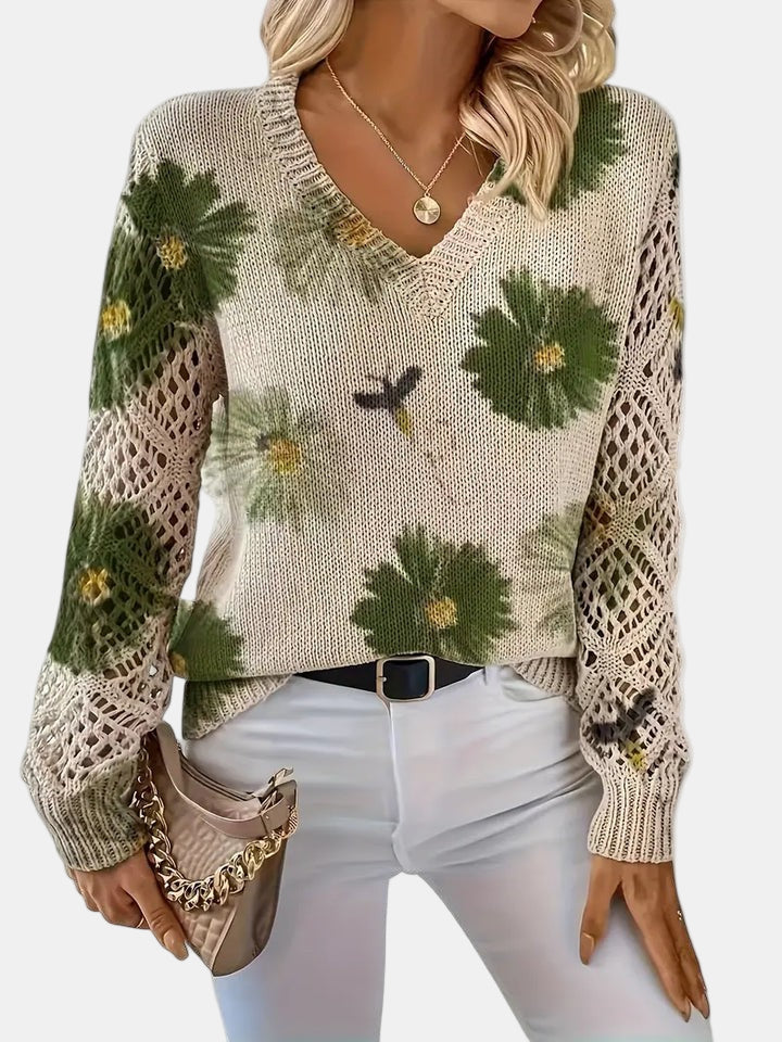 Floral V-Neck Crochet Sleeve Knit Sweater 18