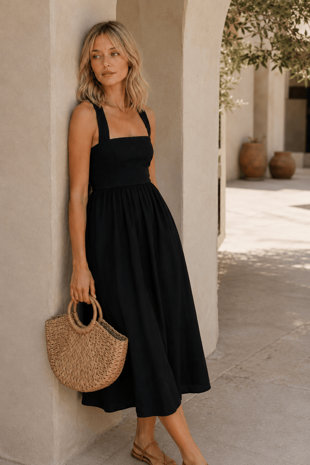 Square Neck Smocked Cross Back Sleeveless A-Line Midi Dress 5