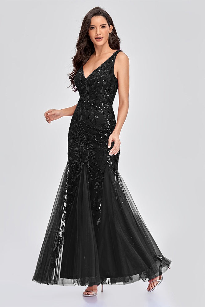 Sequin V-Neck Embroidered Mermaid Maxi Prom Dress - View 14