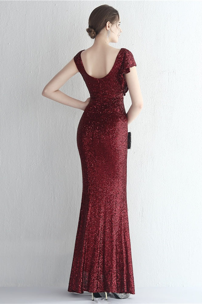 Sequin High Neck Cap Sleeve Ruffle High Split Mermaid Gown - View 12