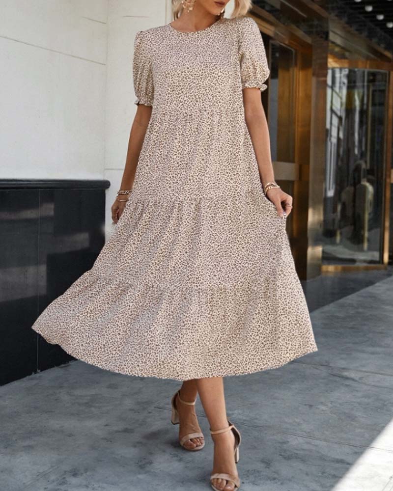 Leopard Print Crew Neck Puff Sleeve Tiered Smock Midi Dress - View 5