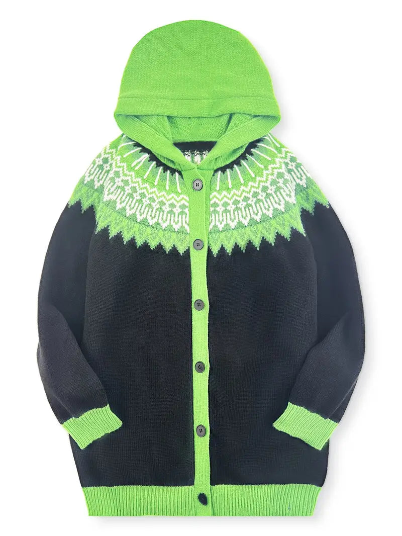 Hooded Button Front Fair Isle Knit Longline Cardigan 14