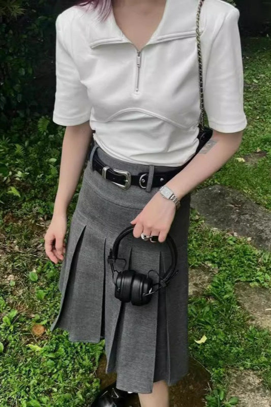 High-Waist Pleated Denim Mini Skort