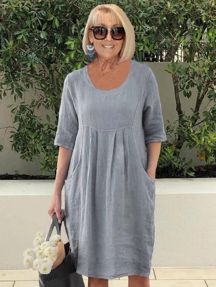 Linen Look Scoop Neck Pocket Knee Length Summer Shift Dress - View 4