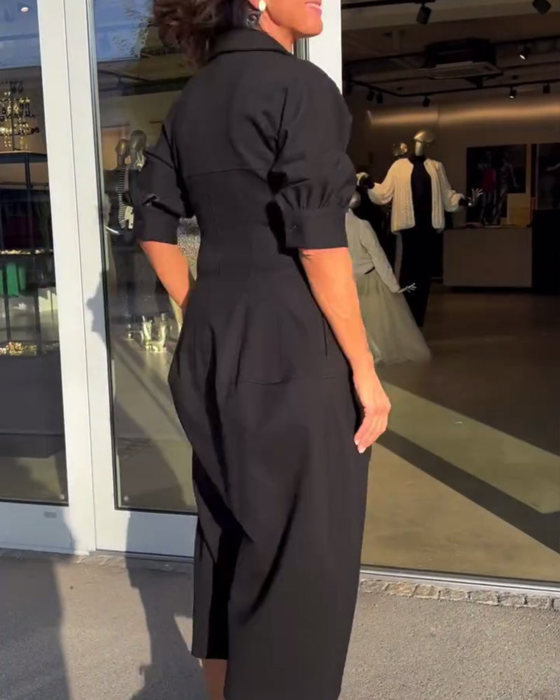 Collared V-Neck Short Sleeve Pocket Cocoon Midi Dress 5