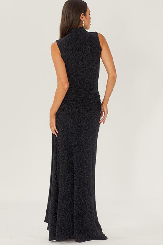 Glitter Mock Neck Sleeveless Ruched Hip Column Maxi Party Gown - View 8