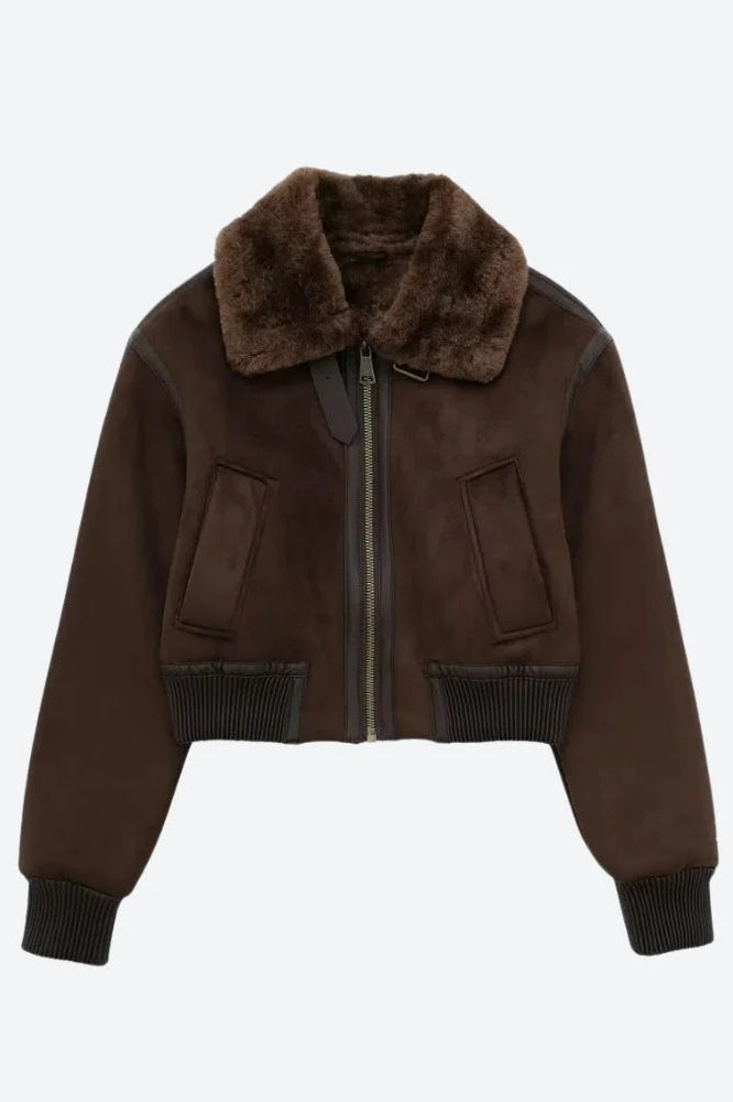Faux Fur Collar Zip-Up Jacket