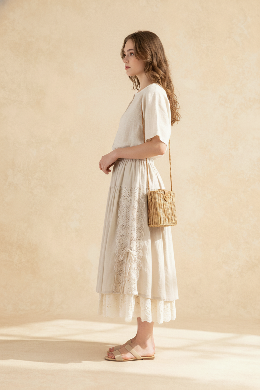 Sweet Japan Style Mori Lace Stitched Linen Skirt