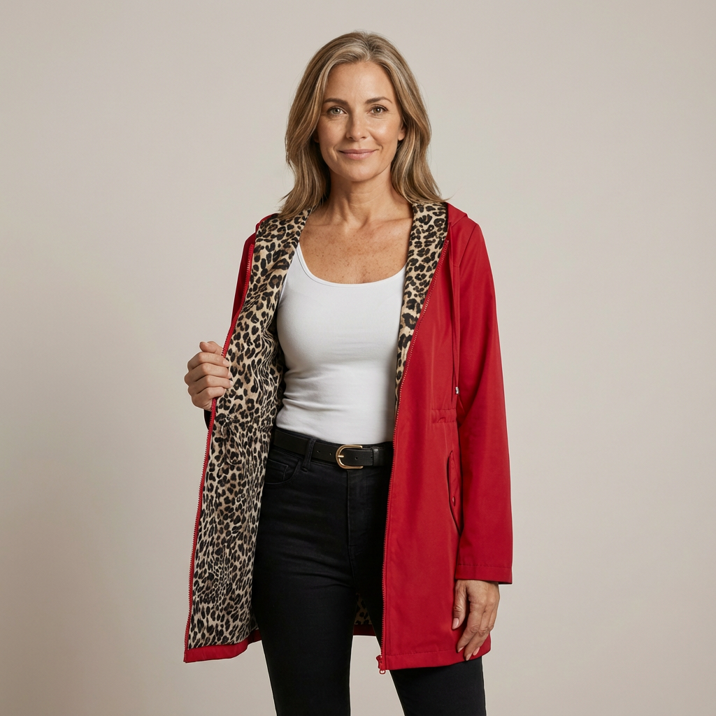 Hooded Zip Front Leopard Lined Longline Coat
