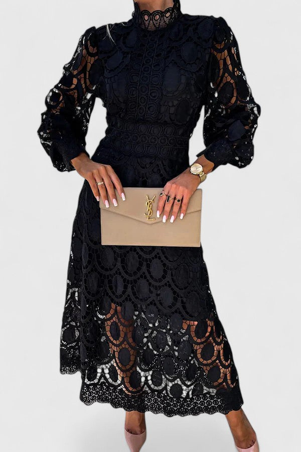 Crochet Lace High Neck Long Sleeve Maxi Dress 4