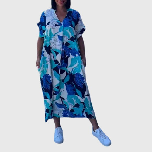 Damask Print V-Neck Short Sleeve Loose Midi Dress 3