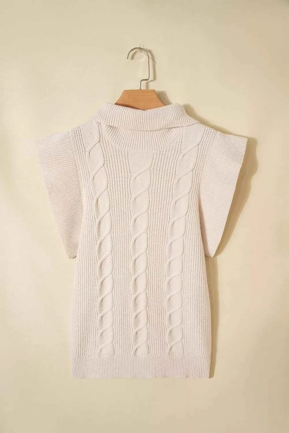 Cable Knit Turtleneck Ruffled Short Sleeve Sweater