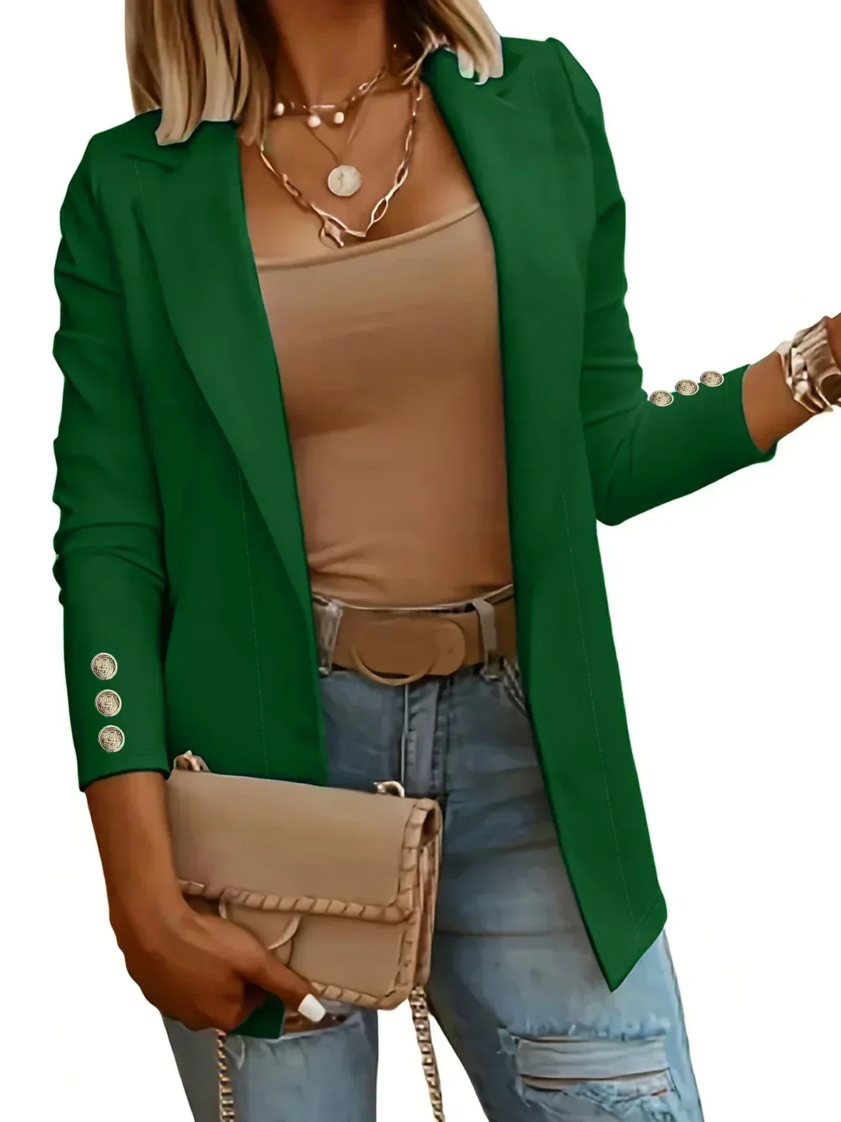 Notch Lapel Button Cuff Open Front Blazer 12