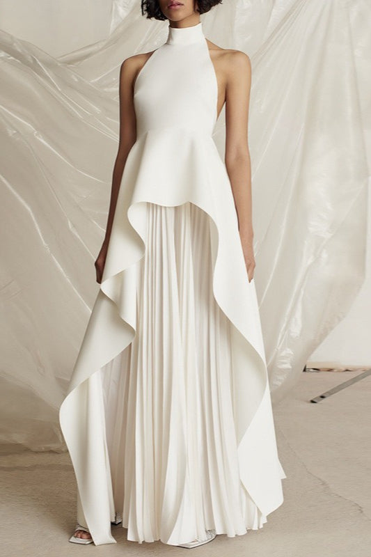 Halter Neck High Low Peplum Pleated Maxi Dress 3