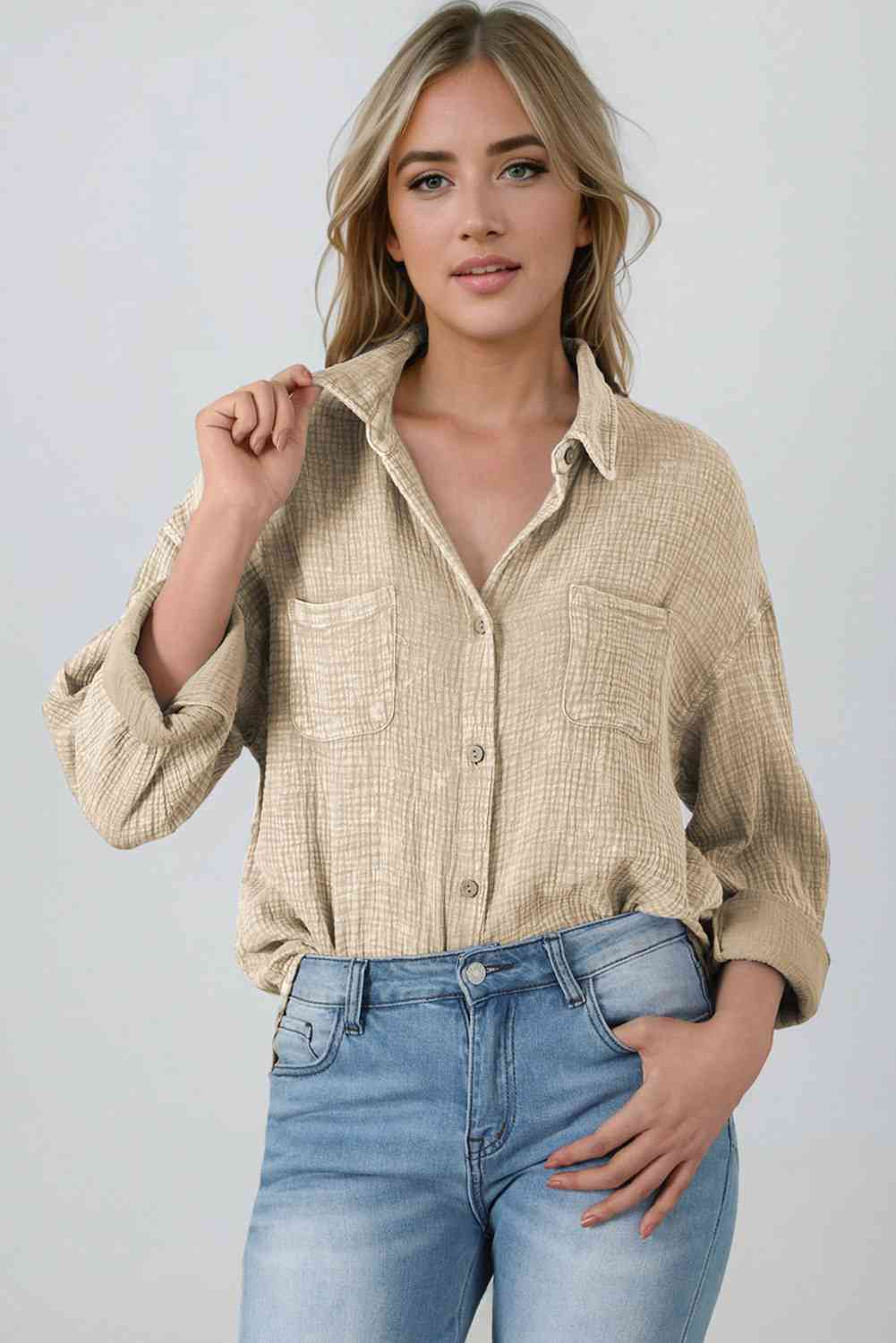 Textured Button Down Shirt Ivory button down shirt clothes Ship From Overseas shirt SYNZ top