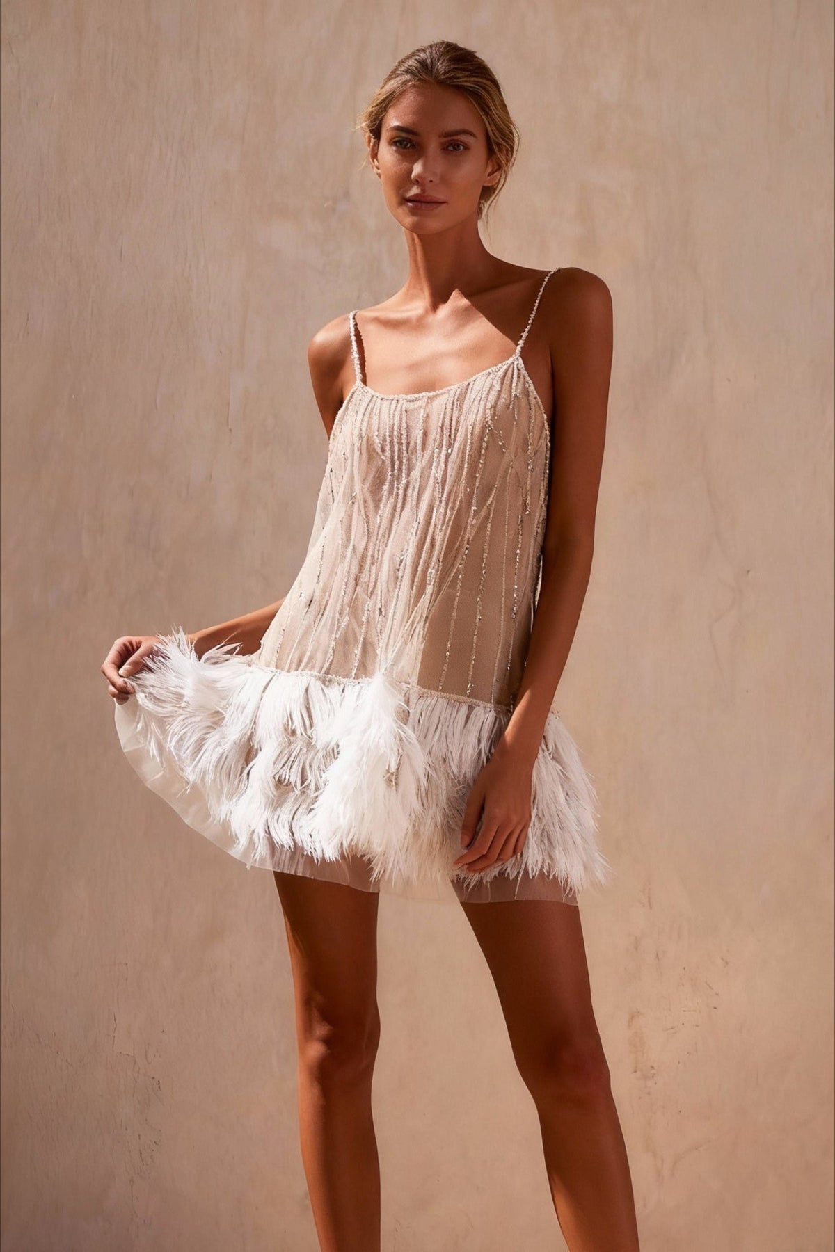 Spaghetti Strap Beaded Mesh Feather Hem Tiered Tulle Mini Party Dress - View 3