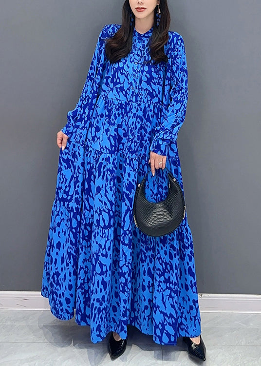Abstract Print Mandarin Collar Button Front Tiered Maxi Dress - View 3
