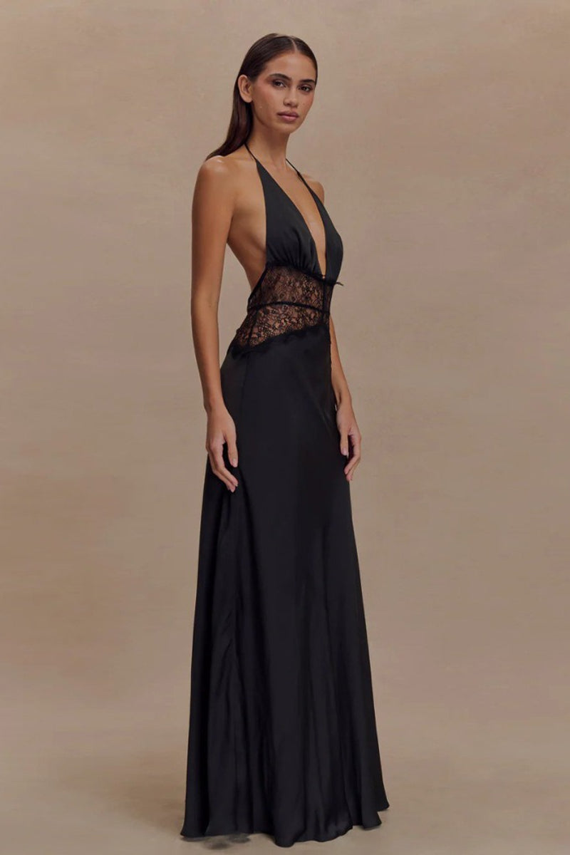 Satin Halter Neck Deep V-Neck Lace Trim Slip Maxi Dress - View 4