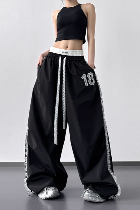 High Waist Slim Lace Trim Double Waist Pants
