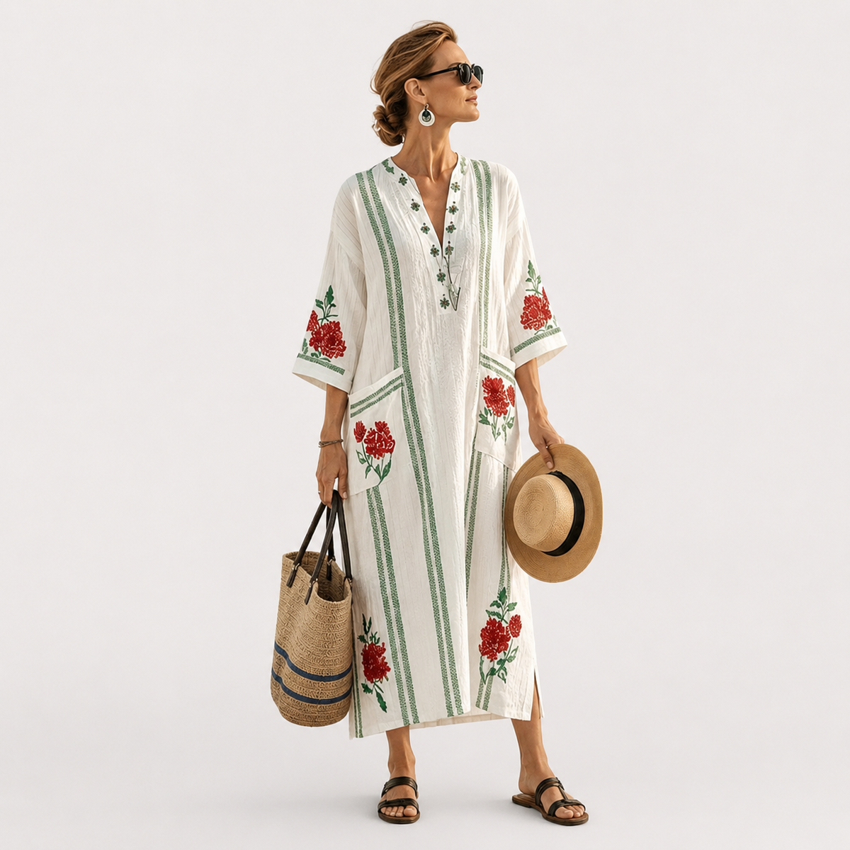 Floral Embroidered Stripe V-Neck Kaftan Maxi Dress