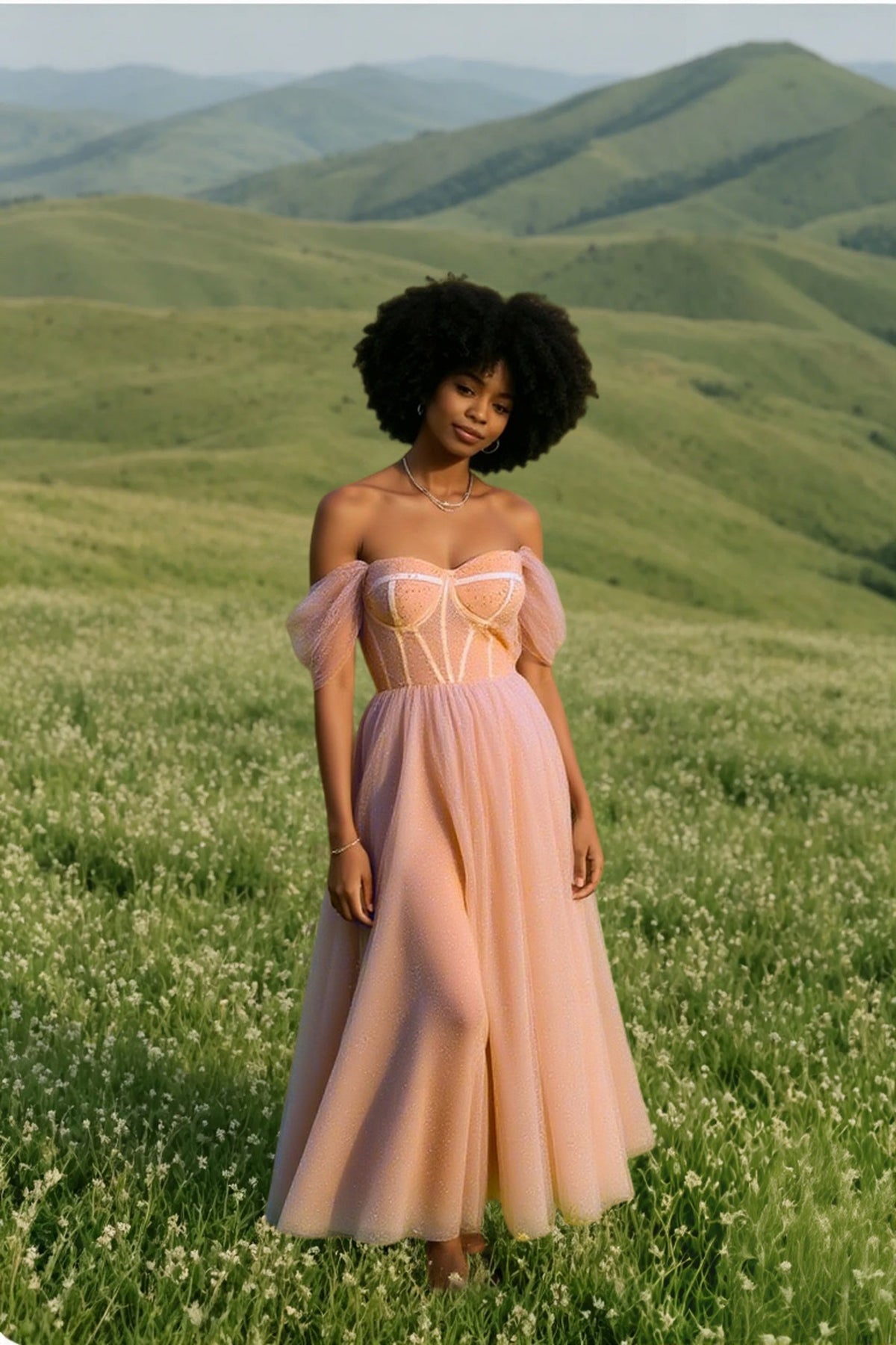 Tulle Off Shoulder Corset Bustier High Split A-Line Prom Dress