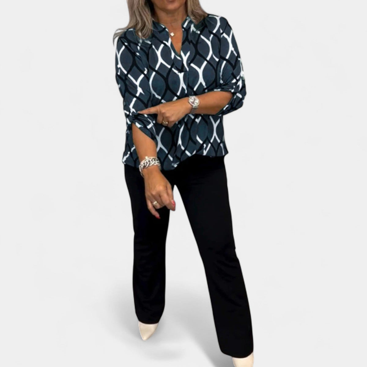 Geometric Print Collared Long Sleeve Blouse 5