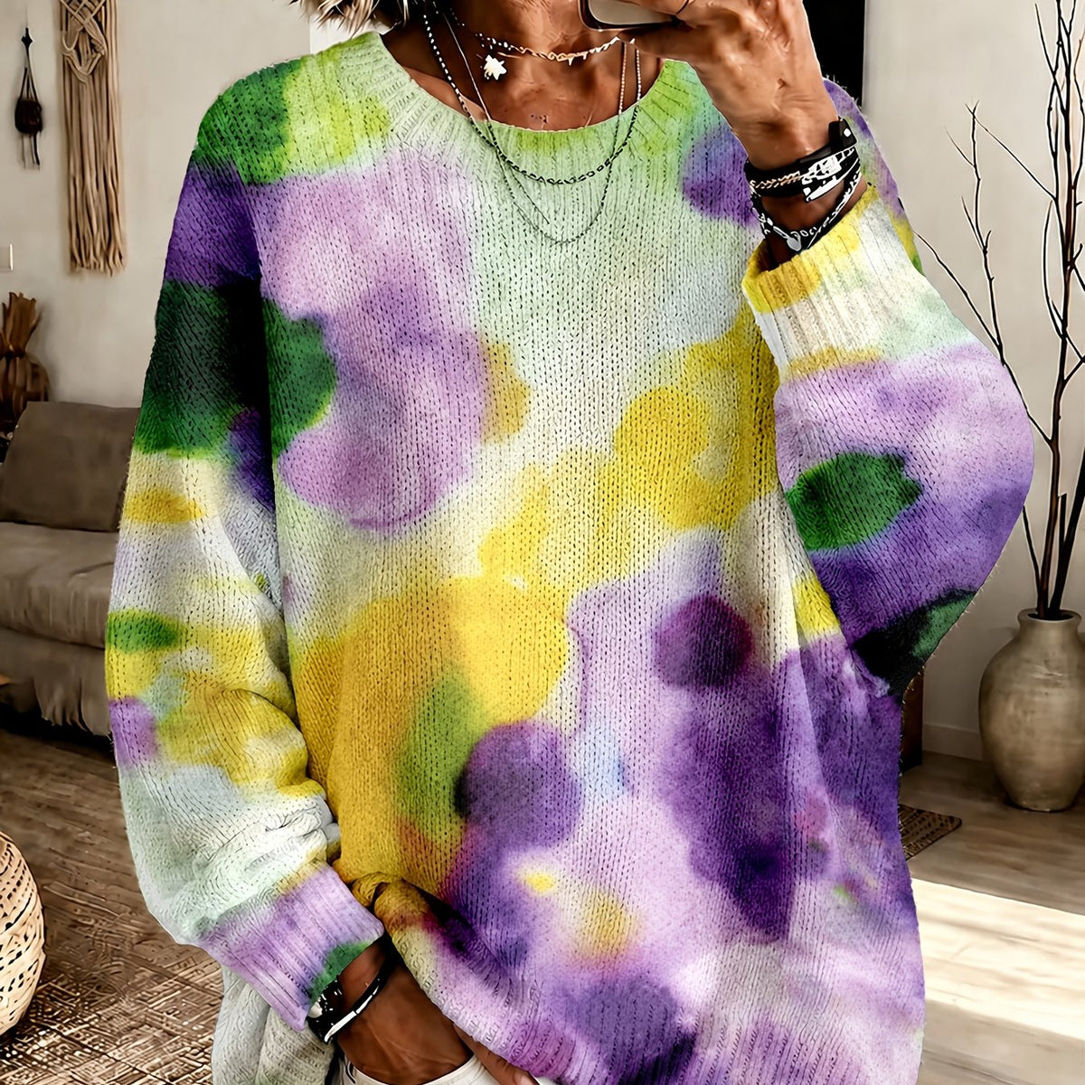 Crew Neck Long Sleeve Watercolor Floral Oversized Knit Sweater