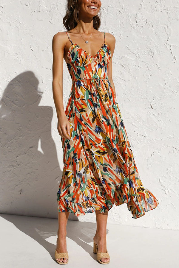 Spaghetti Strap Sweetheart Empire Tie Waist A-Line Midi Dress