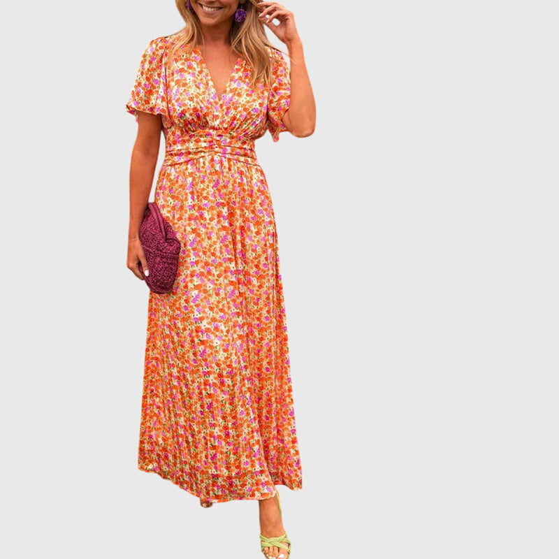 Floral V-Neck Flutter Sleeve Ruched Waist Maxi Dress 13