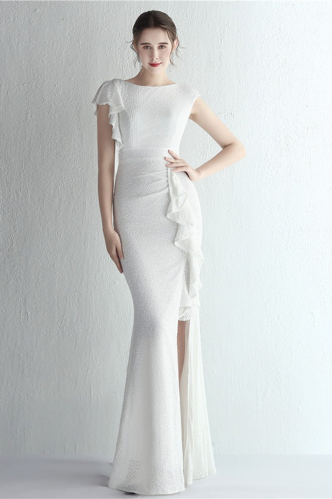 Sequin High Neck Cap Sleeve Ruffle High Split Mermaid Gown - View 19