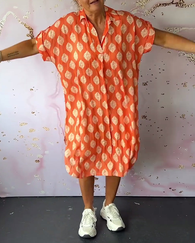 Geometric Print Short Sleeve Lapel Collar Midi Shirt Dress - View 4