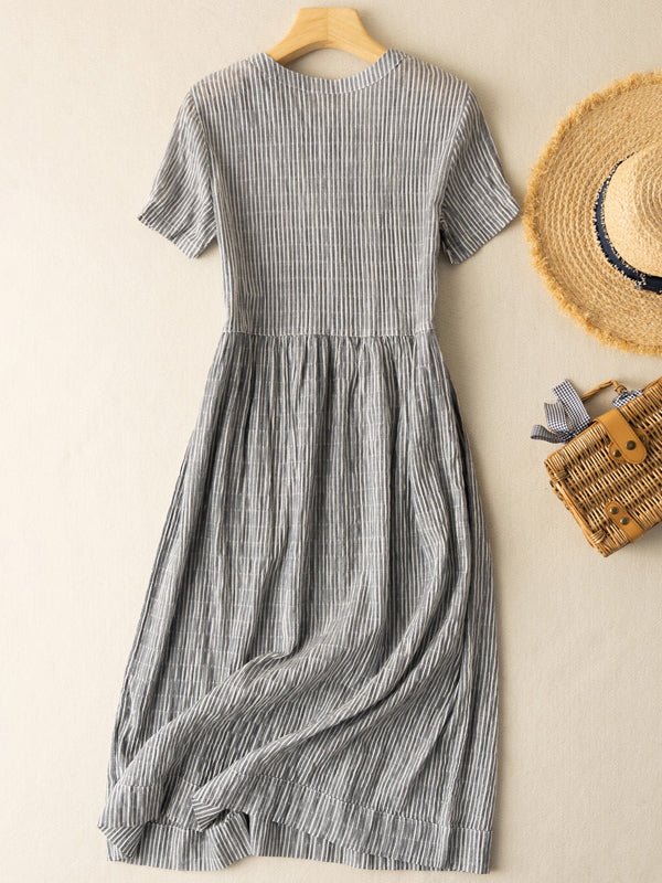Pinstripe Print Round Neck Button Front Short Sleeve Midi Dress - View 2