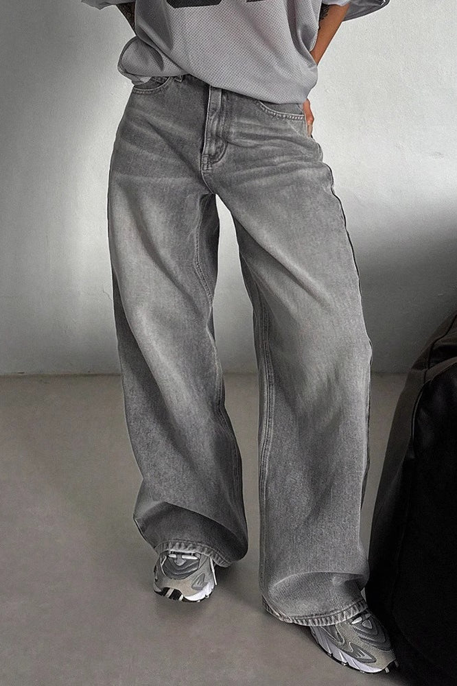 High-Waist Vintage Washed Straight-Leg Denim Jeans