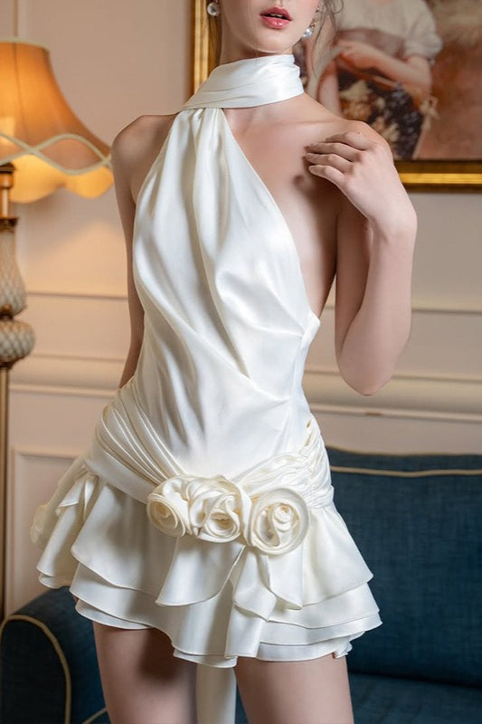 Satin One Shoulder Cowl Draped Rosette Waist Mini Cocktail Dress - View 4